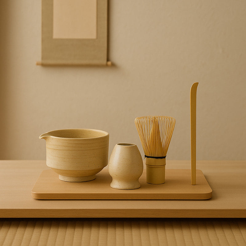 ceramic tea bowl designs​ and tea-making tools on a wooden stand against a beige wall.