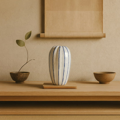 ceramic vase ideas​ on a wooden table with bowls and plant. 