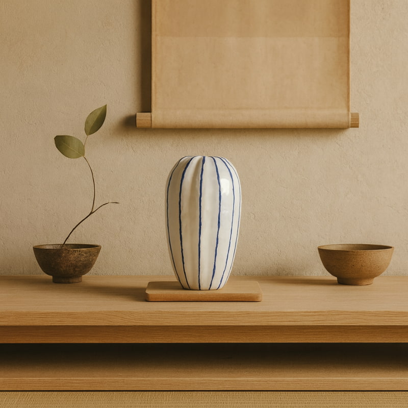 ceramic vase ideas​ on a wooden table with bowls and plant. 