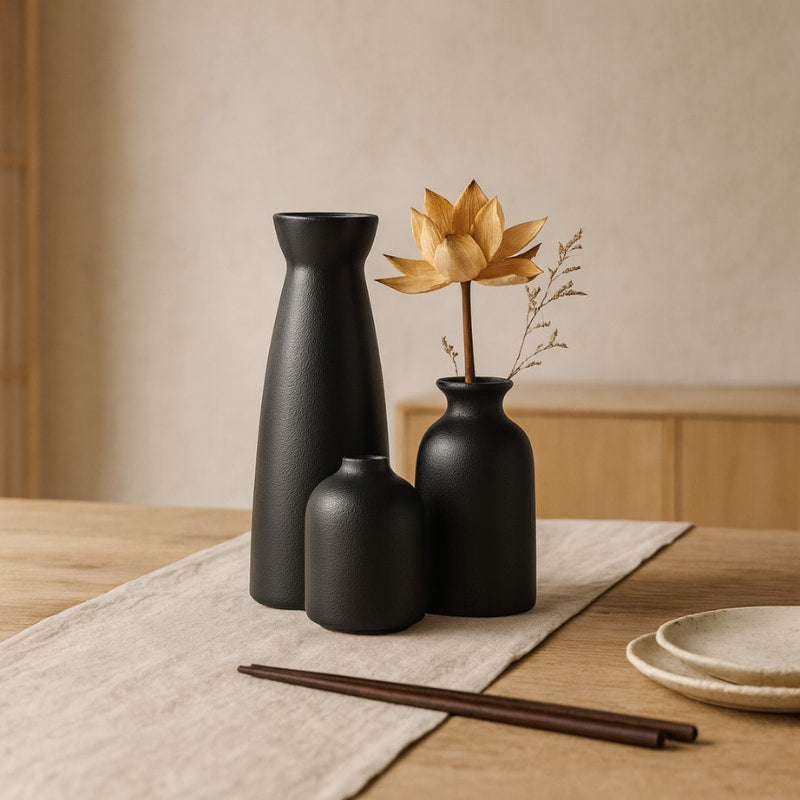 Ceramic vase set black on a table with a wooden background