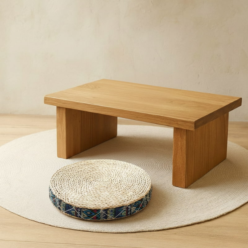 chinese tea ceremony cushions in a wabi savi living room with a rug and a wooden table