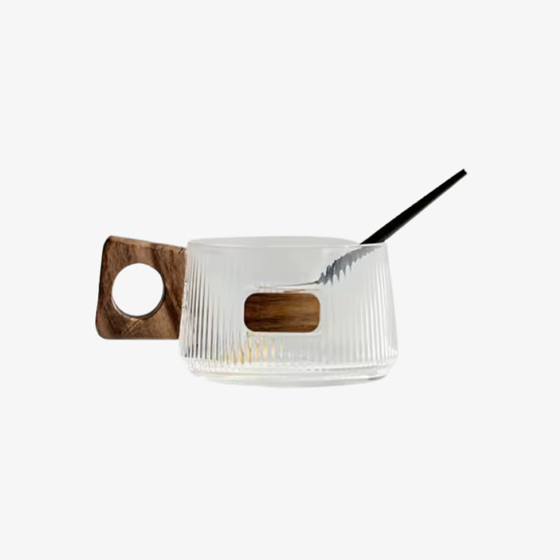 clear glass coffee mugs with wooden handle on a white background