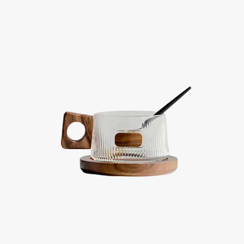 coffee glass cup design​ with wooden handle and base on a white background