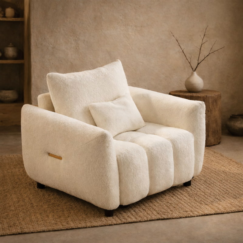 White comfy chair sofa​ in a room with a textured wall and wooden side table.