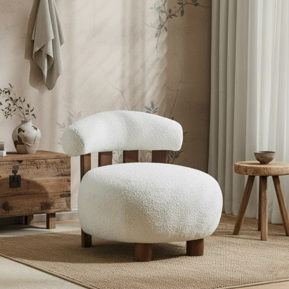 White cozy accent chair living room with wooden furniture and decor