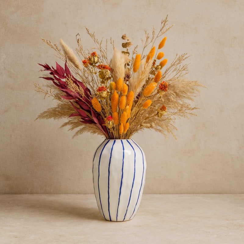 Striped vase with decor for vases​ on a beige background