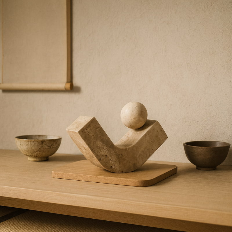 Decorative stone sculpture on a wooden surface with a neutral background