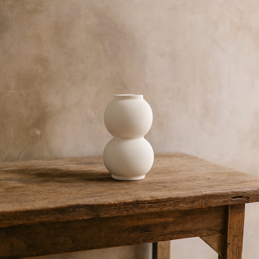 Design vase wabi sabi on a wooden table in a neutral background