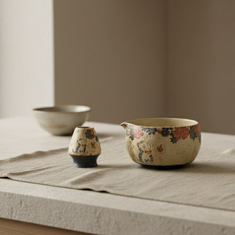 designer cat bowls canada​ with floral patterns on a textured surface.