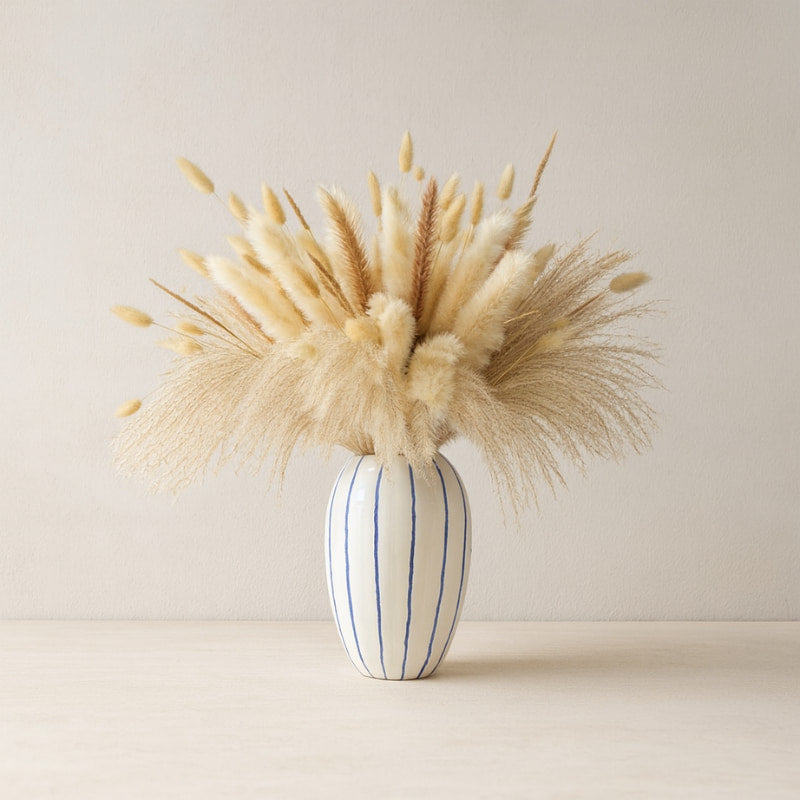 Striped vase with dried dried flowers​ against a plain background