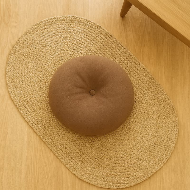 Round floor couch cushions on a woven mat on a wooden floor