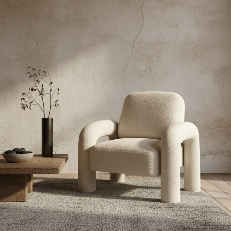 fluffy white chair for room​ in a minimalistic room with a textured wall and wooden coffee table.