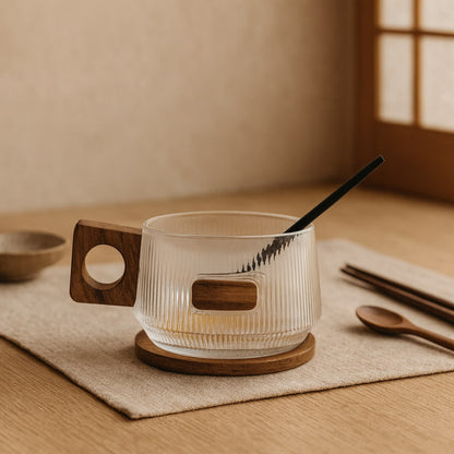 glass cups with design​ with wooden handle and coaster on a textured surface