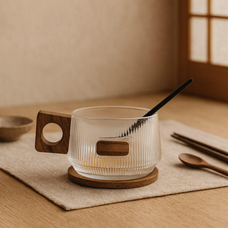 glass cups with design​ with wooden handle and coaster on a textured surface