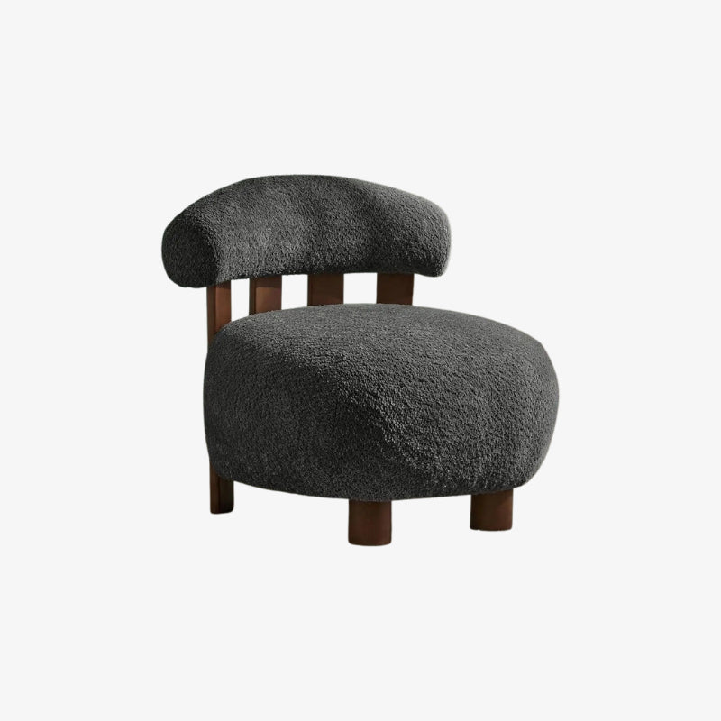 gray boucle accent chair​r with wooden legs on a white background