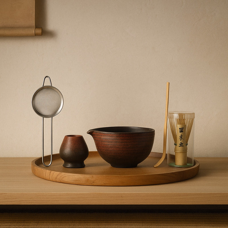 Set of green tea making tools including a bowl, whisk, and other accessories on a wooden surface.