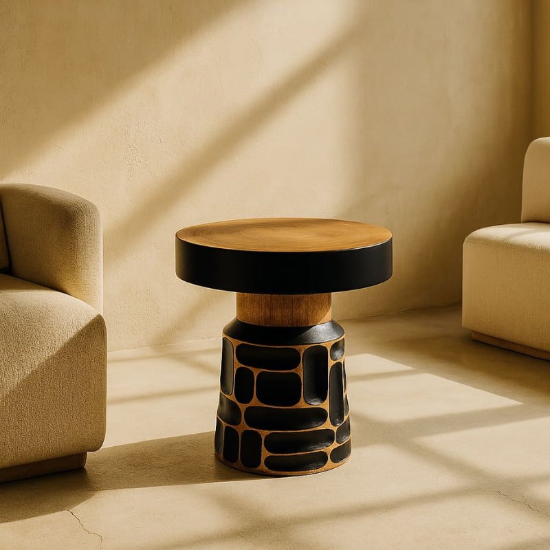 Handmade kitchen stools​ with black textured base in a room with beige walls and furniture.