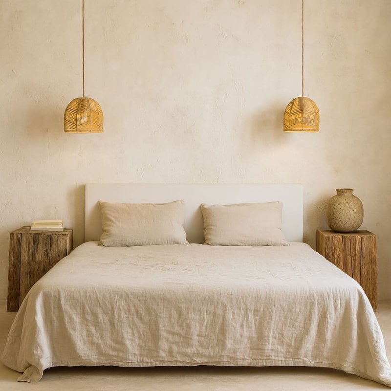 Beige bedroom with a bed, wooden nightstands, and hanging dining room hanging light fixtures​.