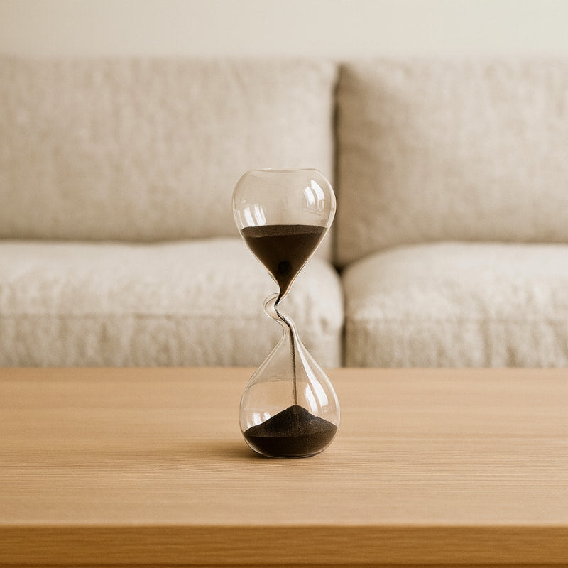 Hourglass art with sand on a wooden table in front of a beige sofa