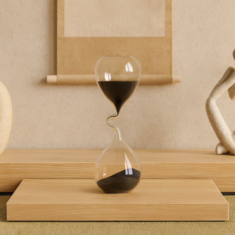 Hourglass clock with sand on a wooden surface against a beige wall