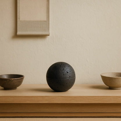 incense stone burner​ on a wooden table in a wabi sabi living room style.