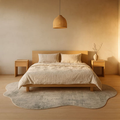 japandi carpet texture​ in a wabi sabi style bedroom with wooden elements.