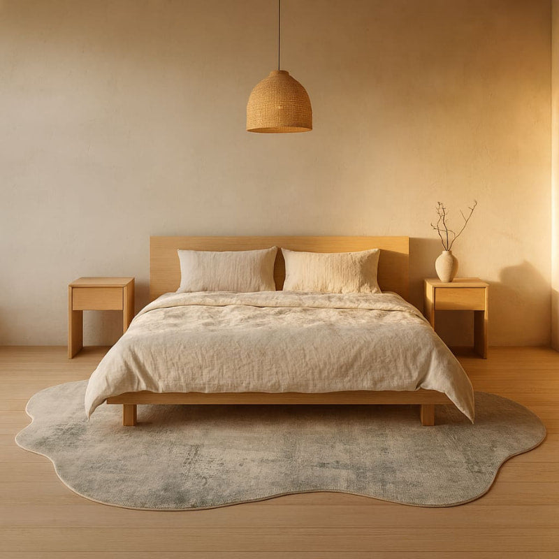 japandi carpet texture​ in a wabi sabi style bedroom with wooden elements.