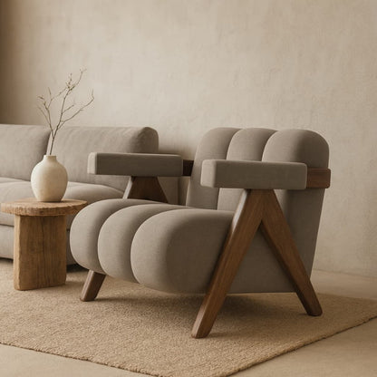 Modern japandi interior style​ chair in a minimalistic living room setting.