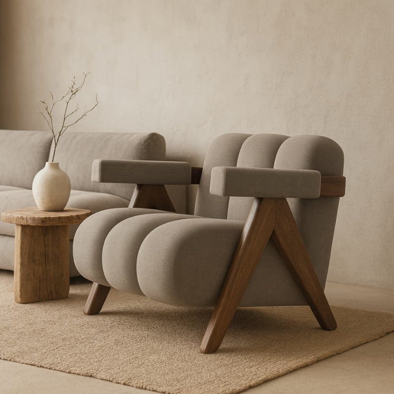 Modern japandi interior style​ chair in a minimalistic living room setting.