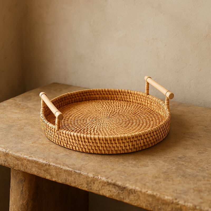 Japandi tray with handles on a stone surface against a beige wall