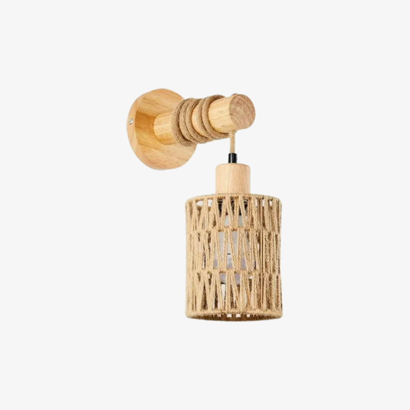 japandi wall lamp​​ with rattan design on a white background