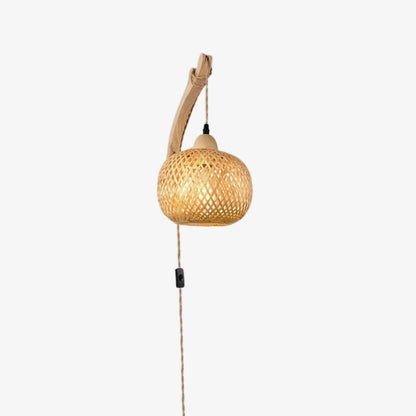 japandi wall light​ with wooden fixture on a white background