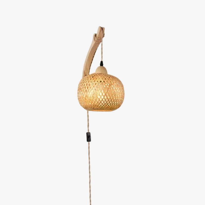japandi wall light​ with wooden fixture on a white background