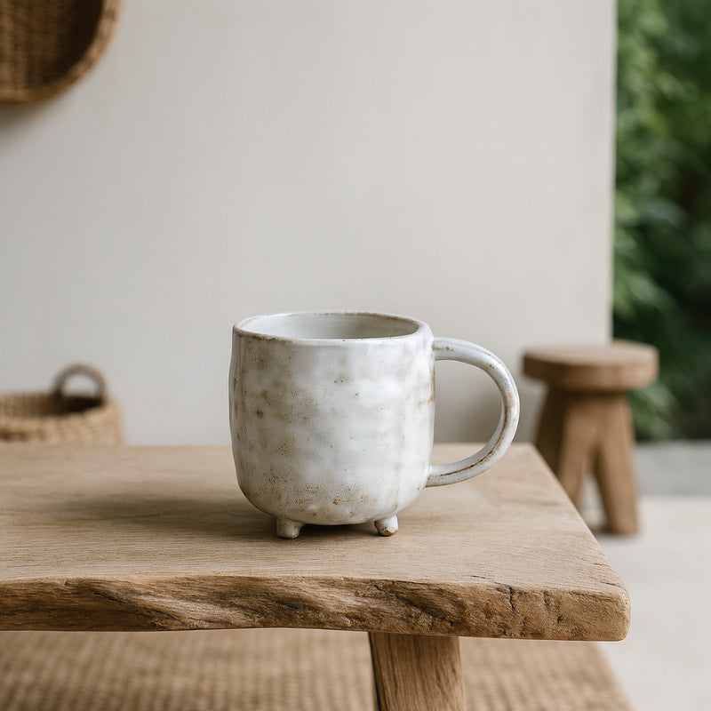 White japanese ceramic coffee cup​ on a wooden surface with a neutral background