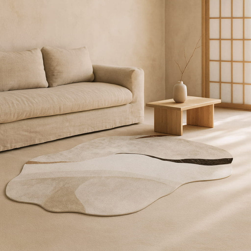 Beige sofa and a japanese style carpet in a wabi sabi interior living room.