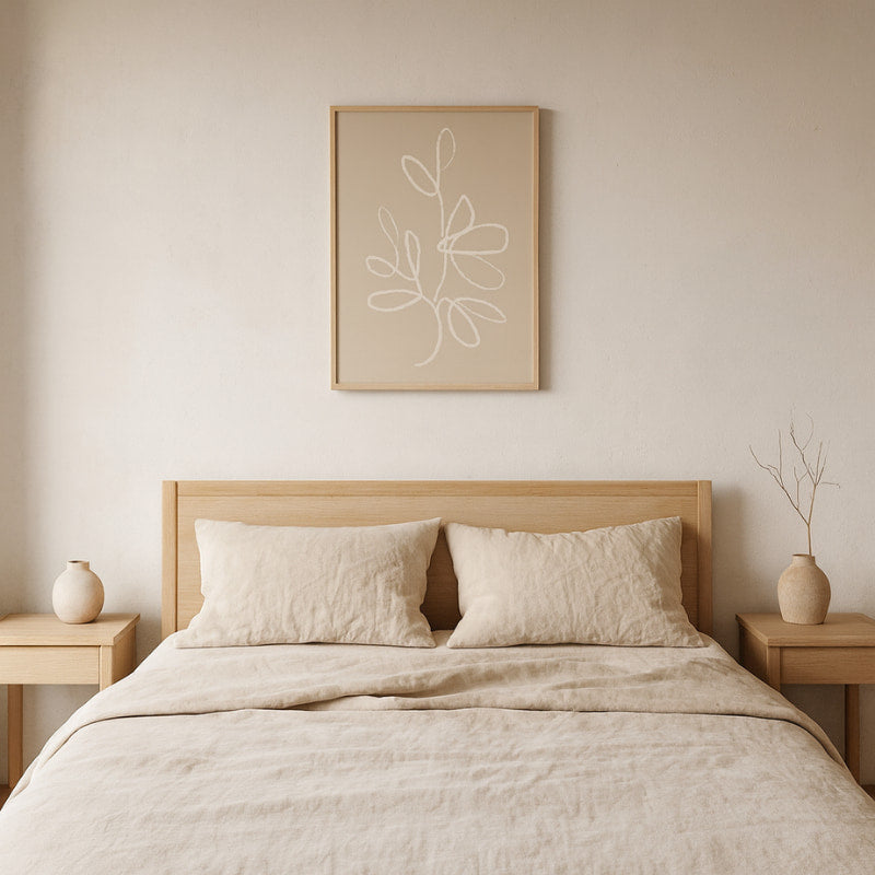 Beige bedroom with wooden bed, side tables, and japanese wall art zen​.