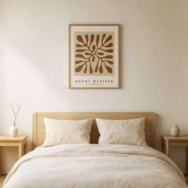 Bedroom with a bed, nightstands, and a japanese zen wall art​ on the wall.