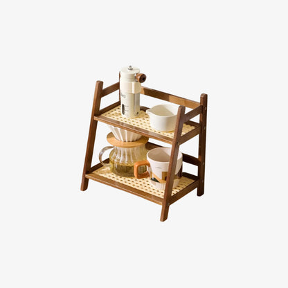 Wooden kitchen organization decor​ rack with various items on a white background