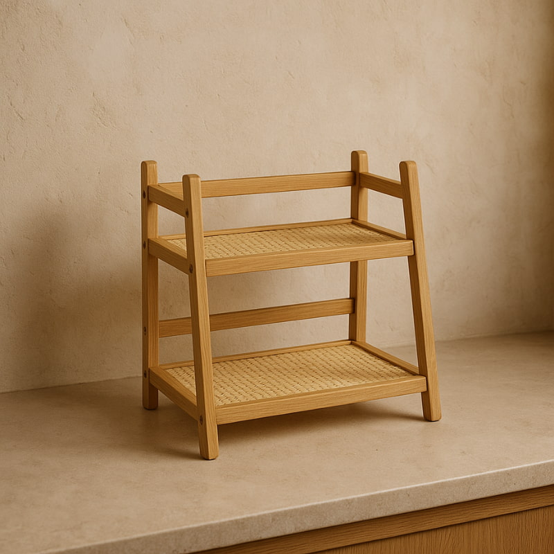 Wooden kitchen shelf organizer with woven shelves on a beige surface and wall