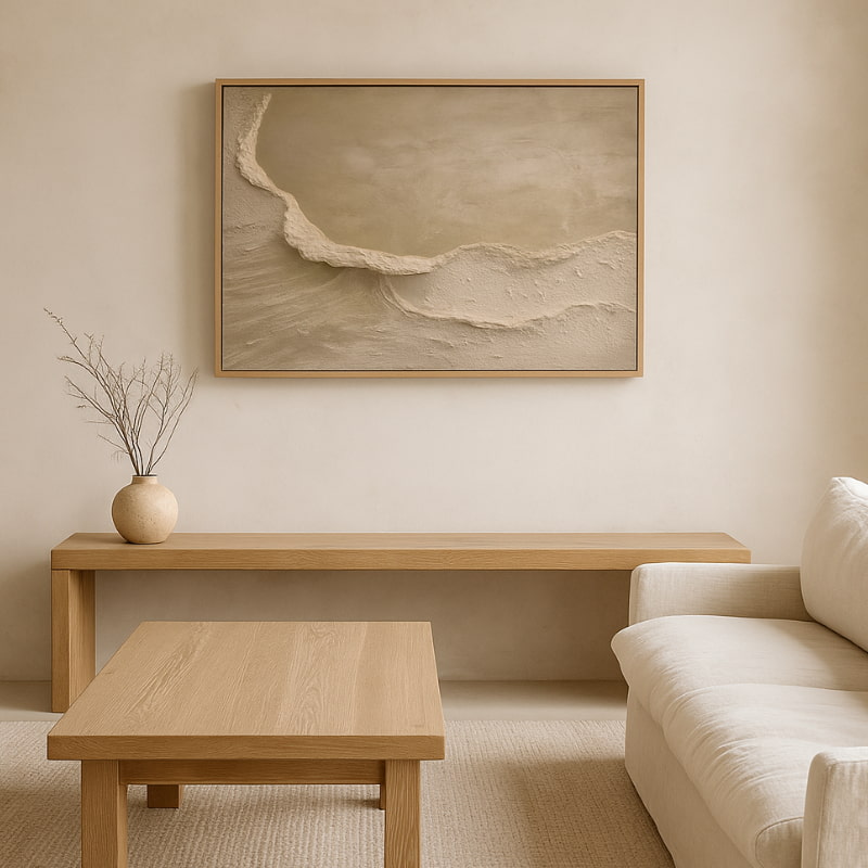 Modern living room with wooden coffee table, sofa, and large wall art modern.