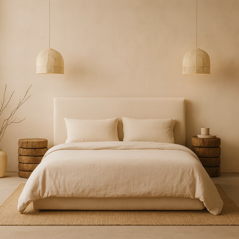 Beige bedroom with a bed, side tables, and little hanging lights​.