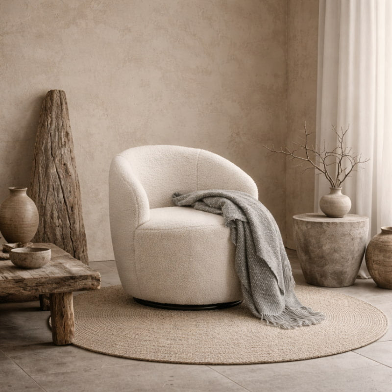 lounger chair​ with a gray blanket in a room with neutral decor