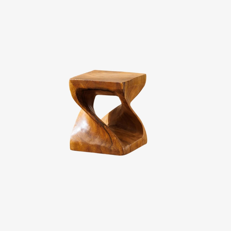 Wooden low counter stools with a unique design on a white background