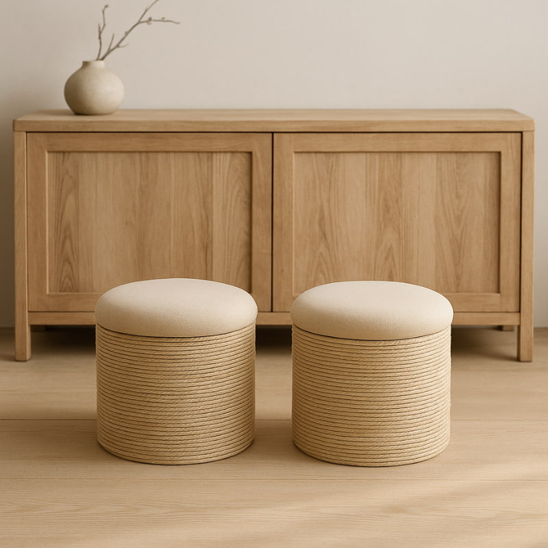 Two low step stool​ with beige cushions in a minimalistic room.