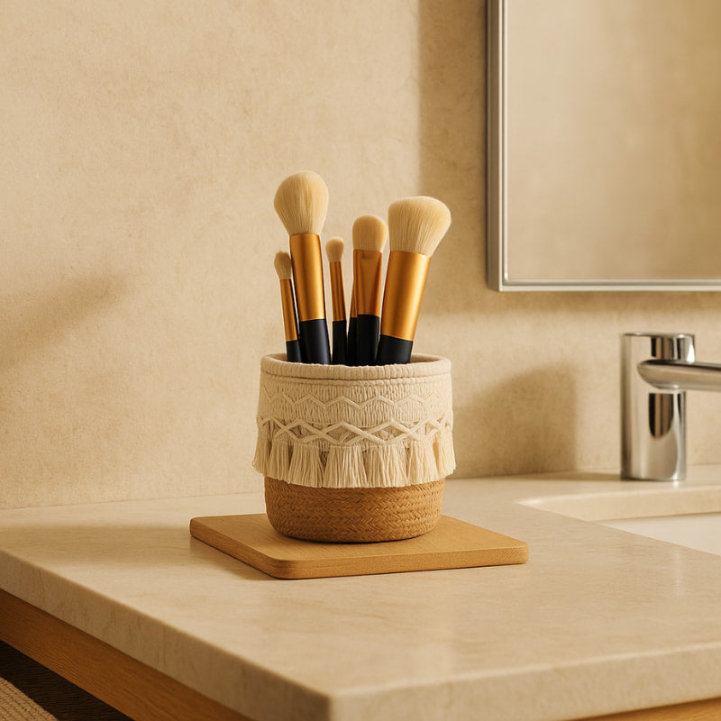 Makeup brushes in a make up basket​ on a bathroom counter