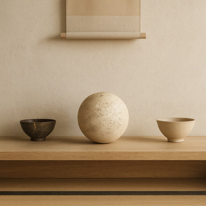 marble round stone​ on a wooden shelf against a beige wall with a scroll.