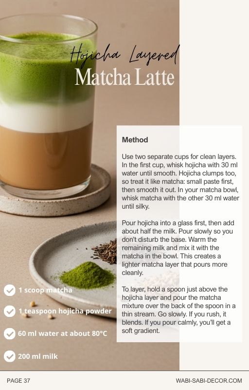 Hojicha Layered Matcha Latte recipe with a glass of layered latte on a wooden surface.