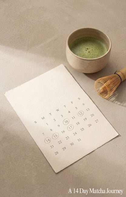 Matcha making bowl with whisk and calendar on a beige surface