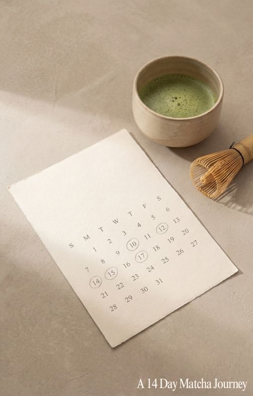 Matcha making bowl with whisk and calendar on a beige surface