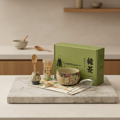 matcha set cat​ with a green box on a white background